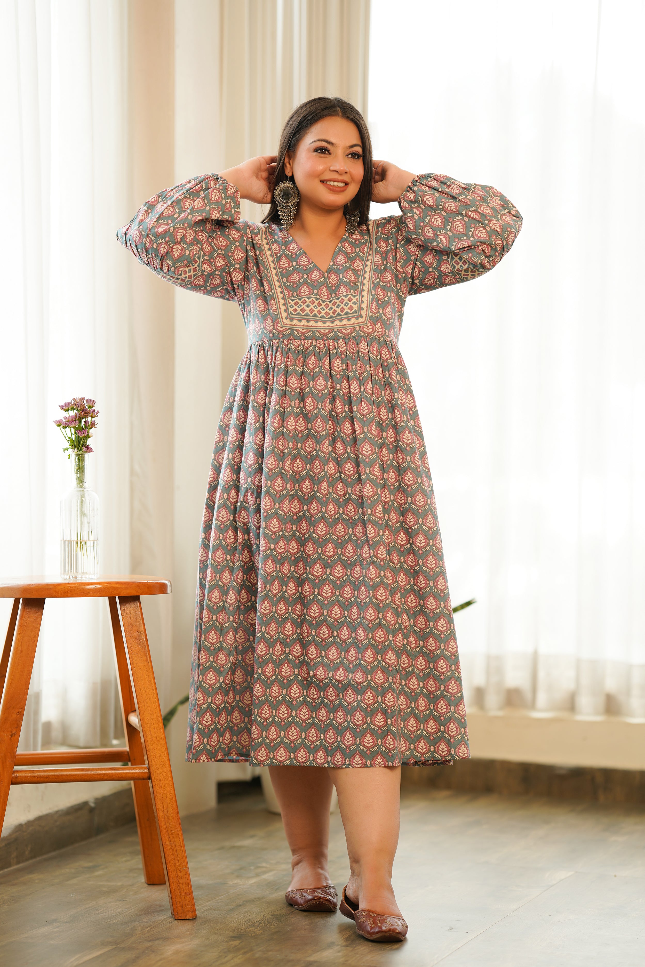 Boho Printed Cotton Gathered Maxi