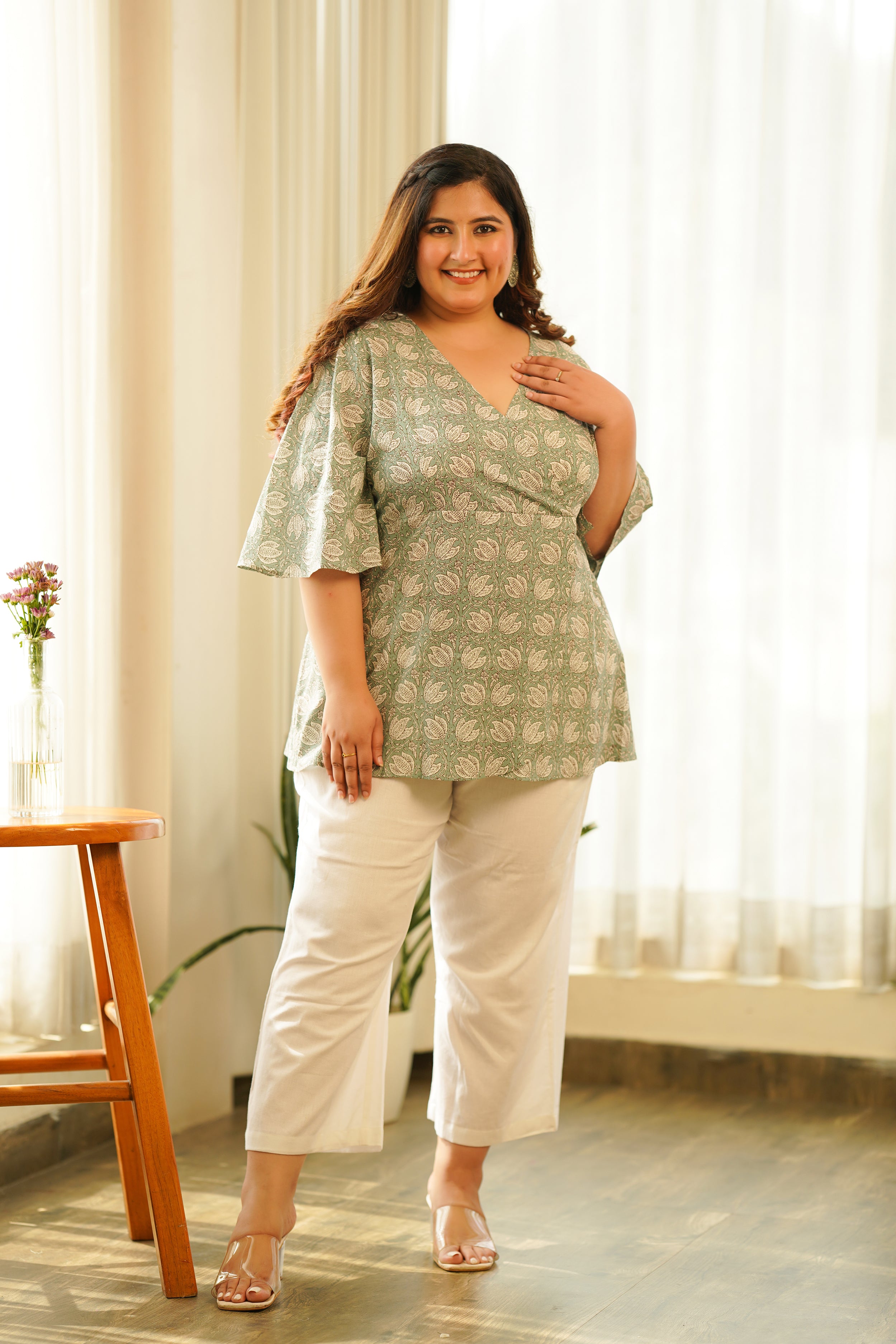 Mint Green Lotus Printed Top