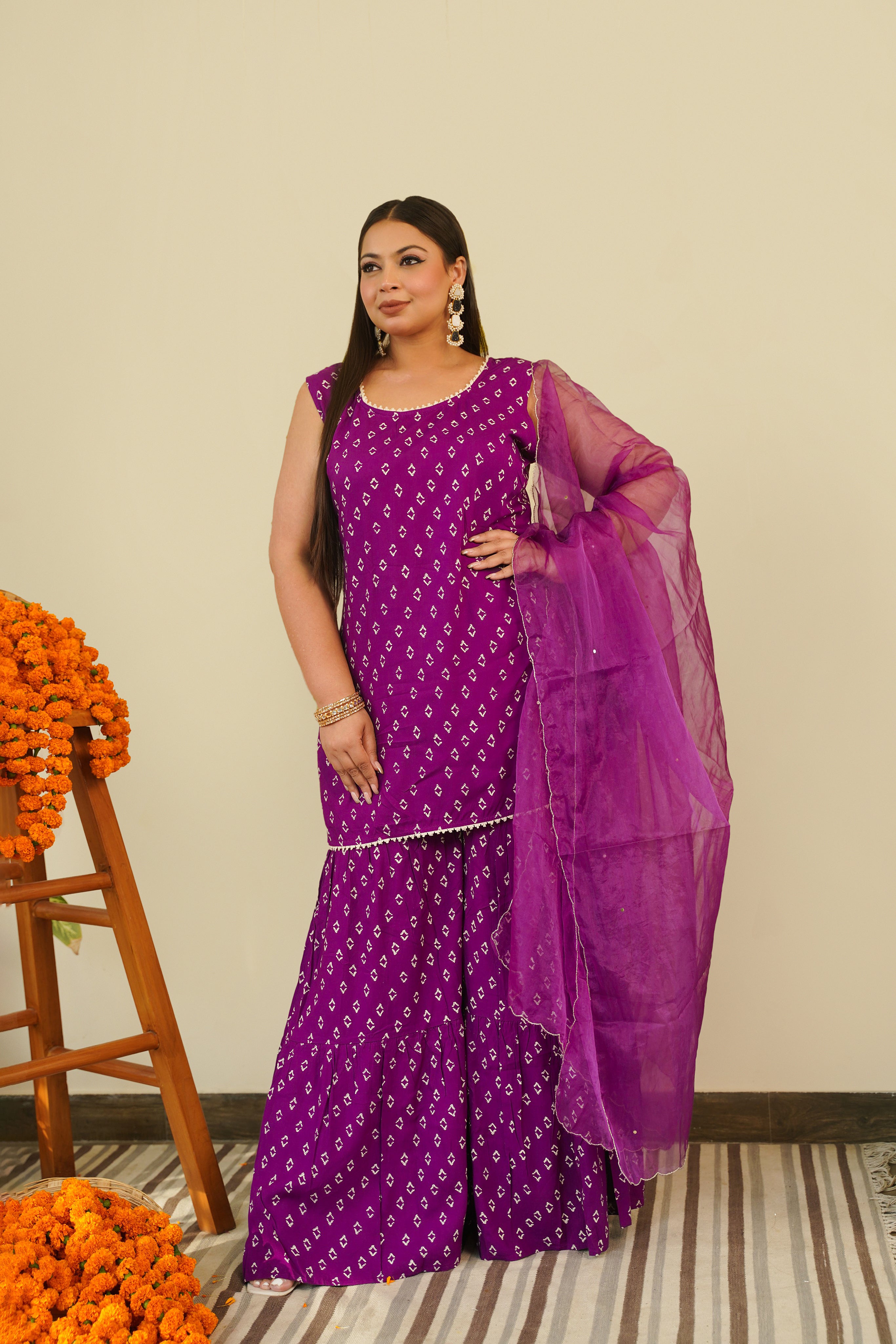 Purple Bandhani Sharara Set - (Set of 3)