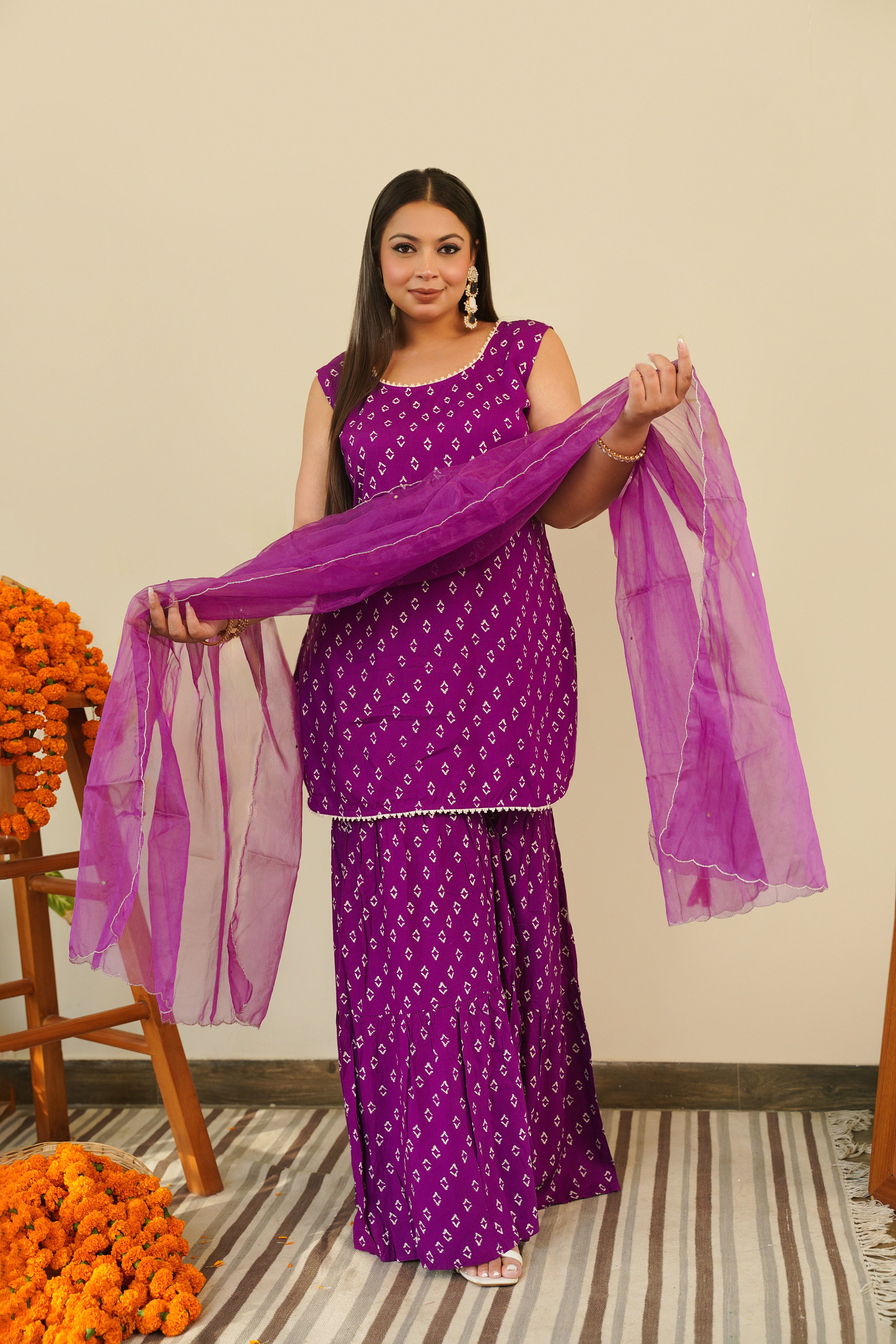 Purple Bandhani Sharara Set - (Set of 3)