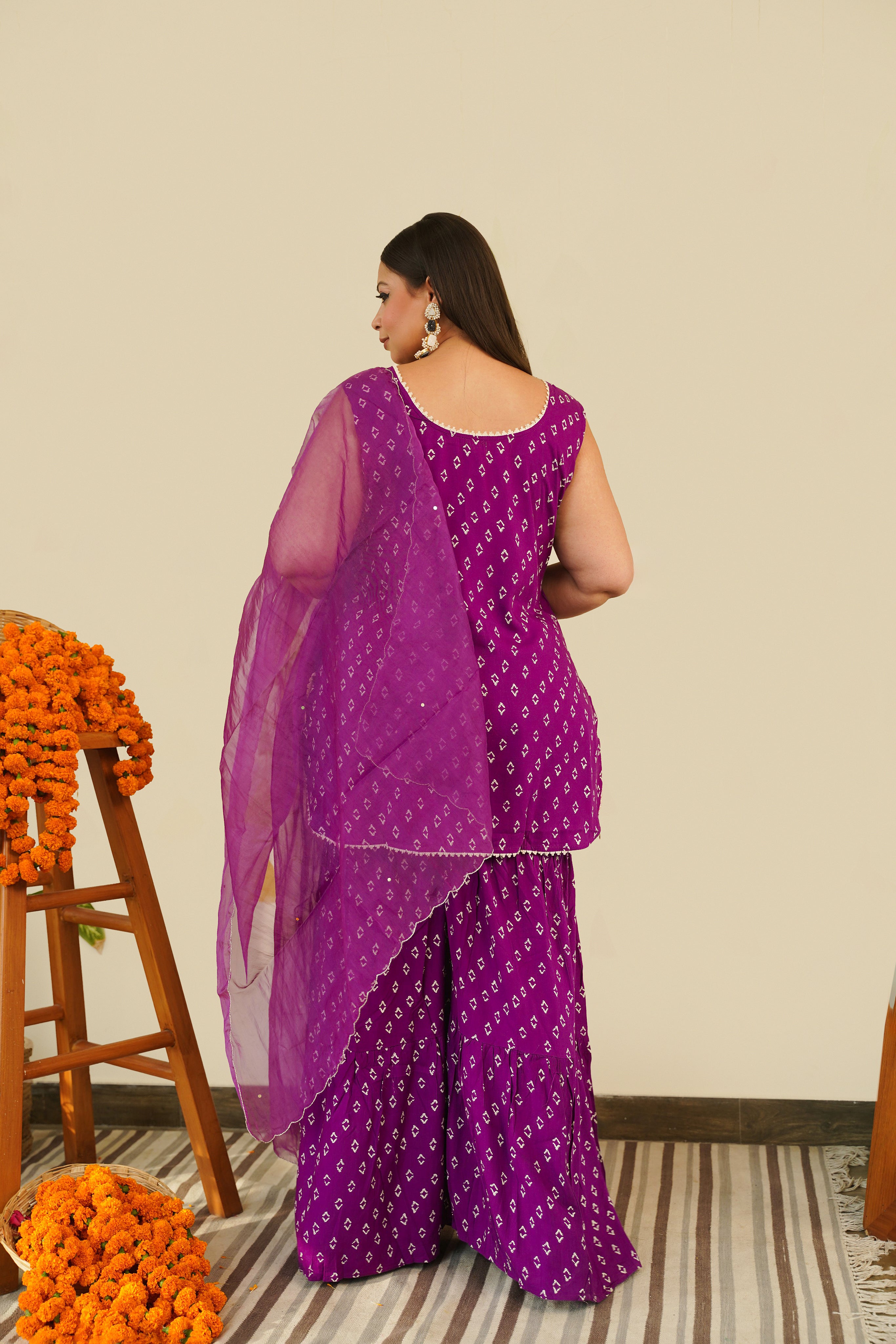 Purple Bandhani Sharara Set - (Set of 3)