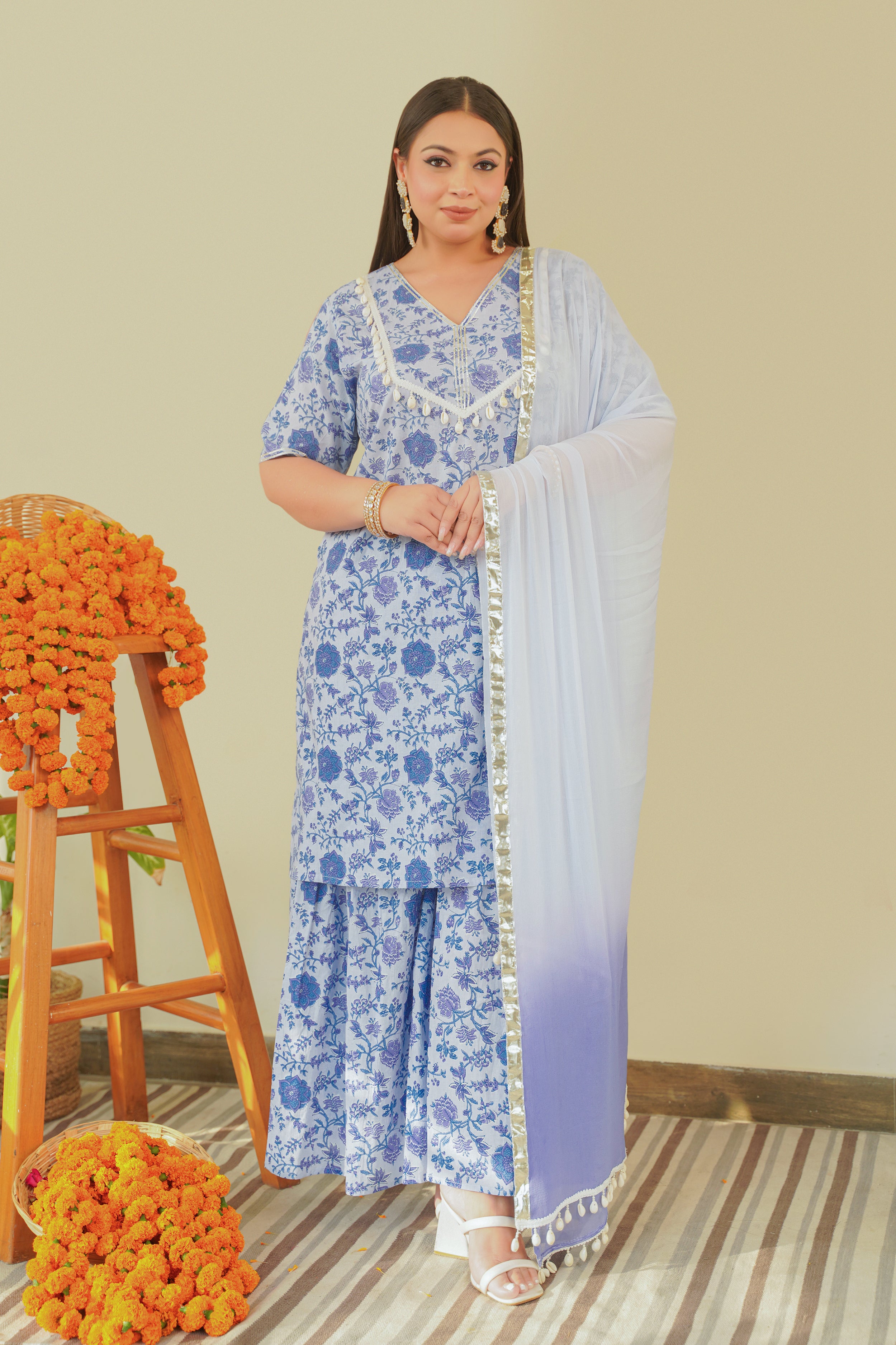 Ice Blue V-Neck Cotton Sharara Set - (Set of 3)