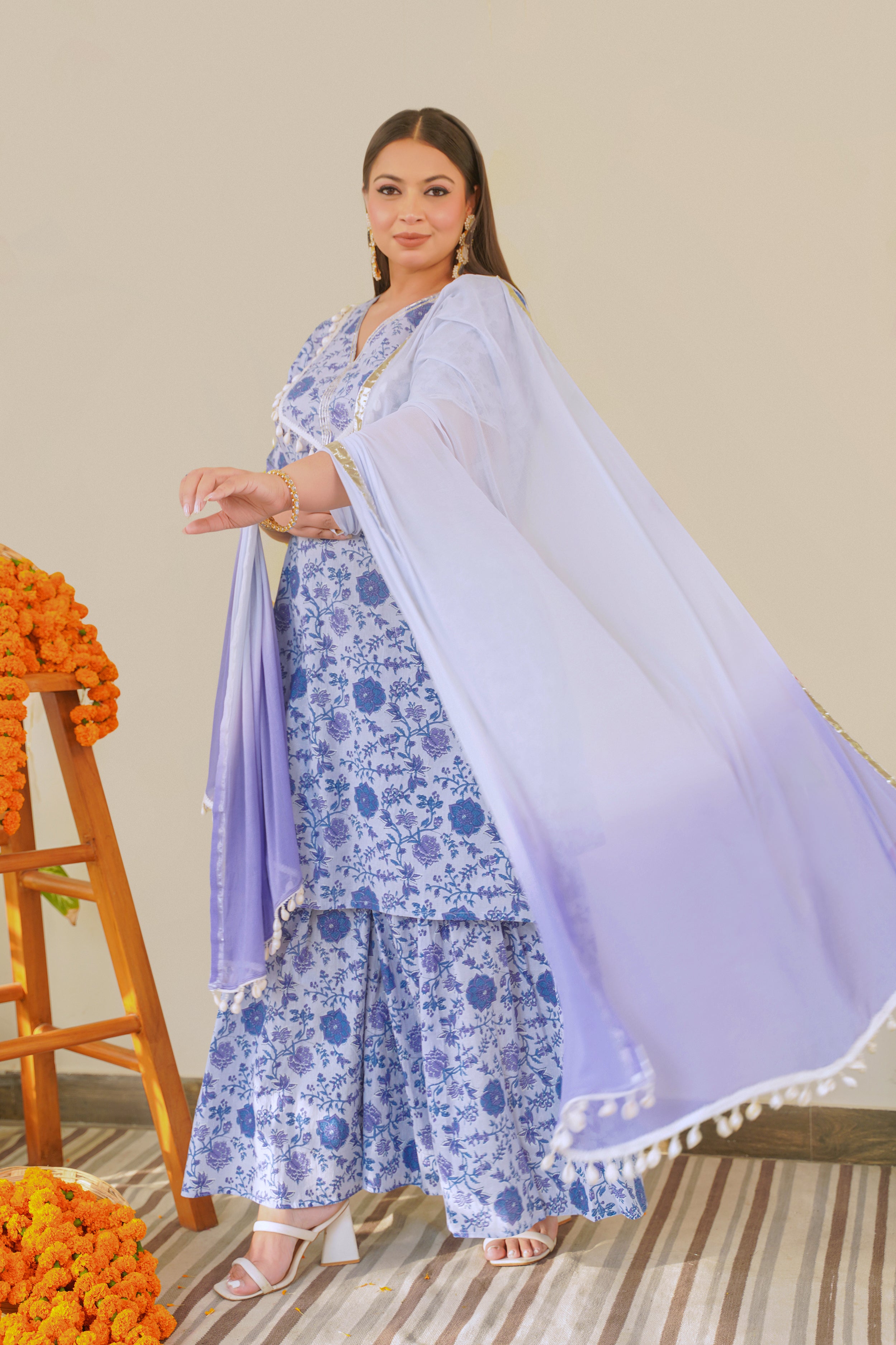 Ice Blue V-Neck Cotton Sharara Set - (Set of 3)