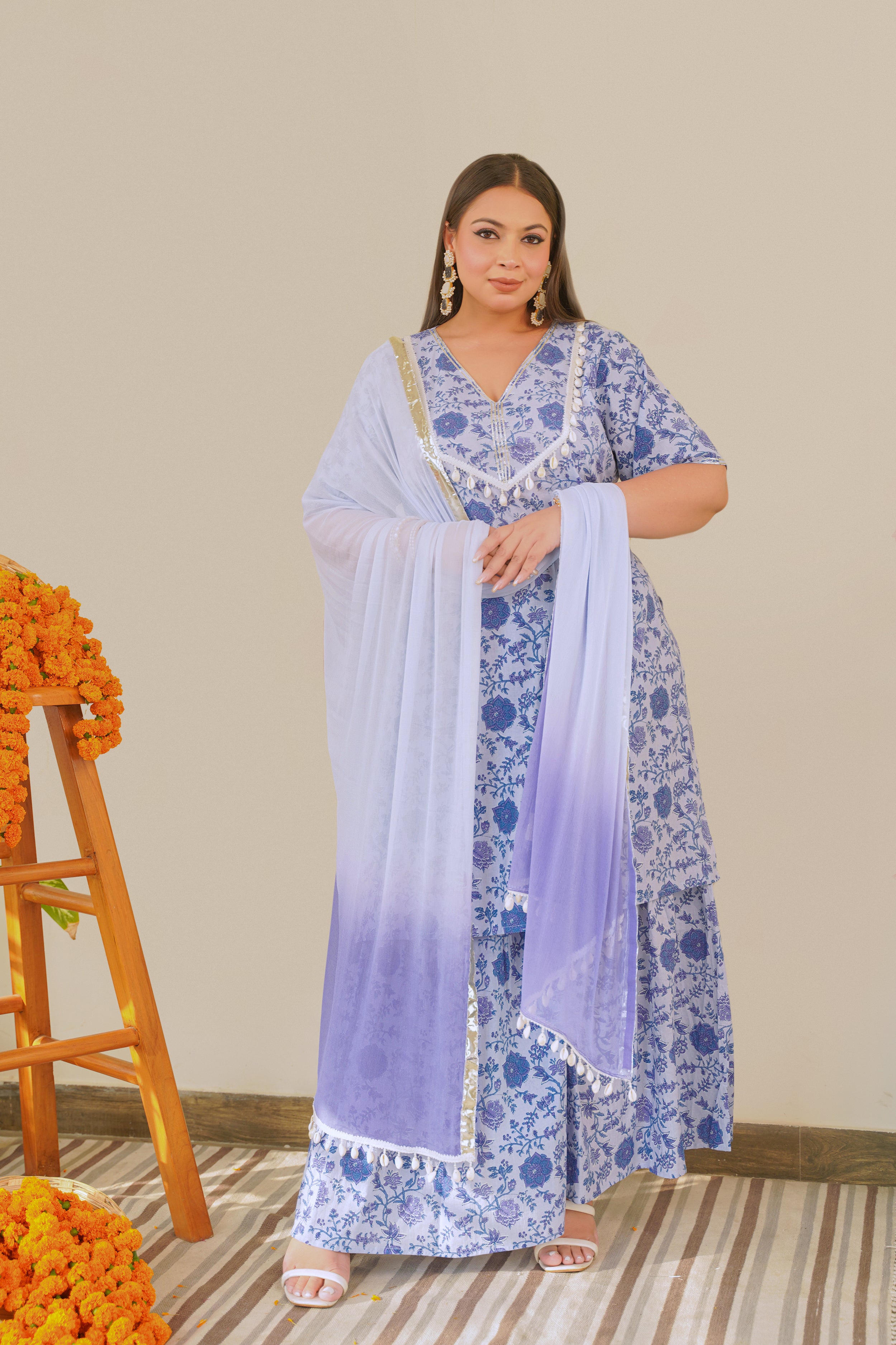 Ice Blue V-Neck Cotton Sharara Set - (Set of 3)