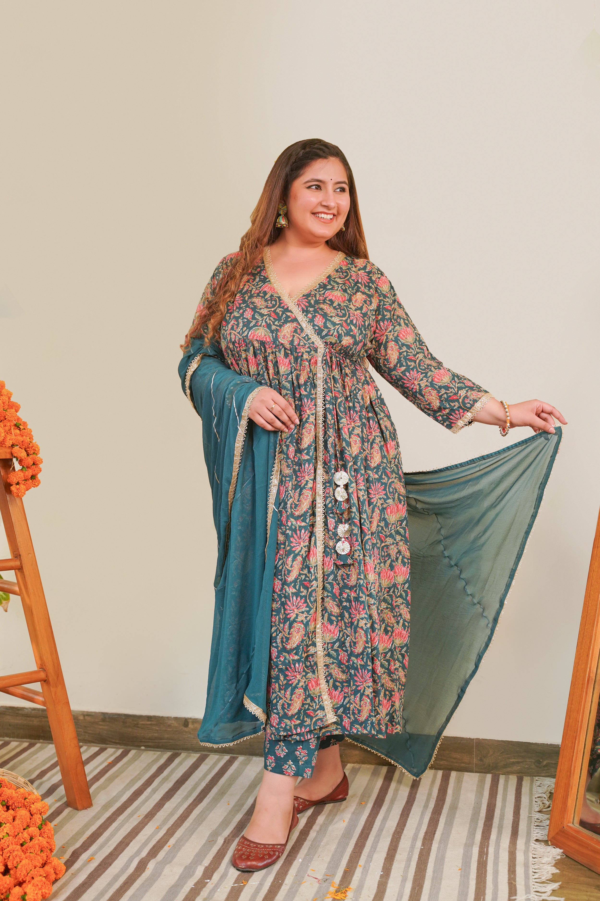 Bottle Green Cotton Printed Angrakha Set (Set of 3)