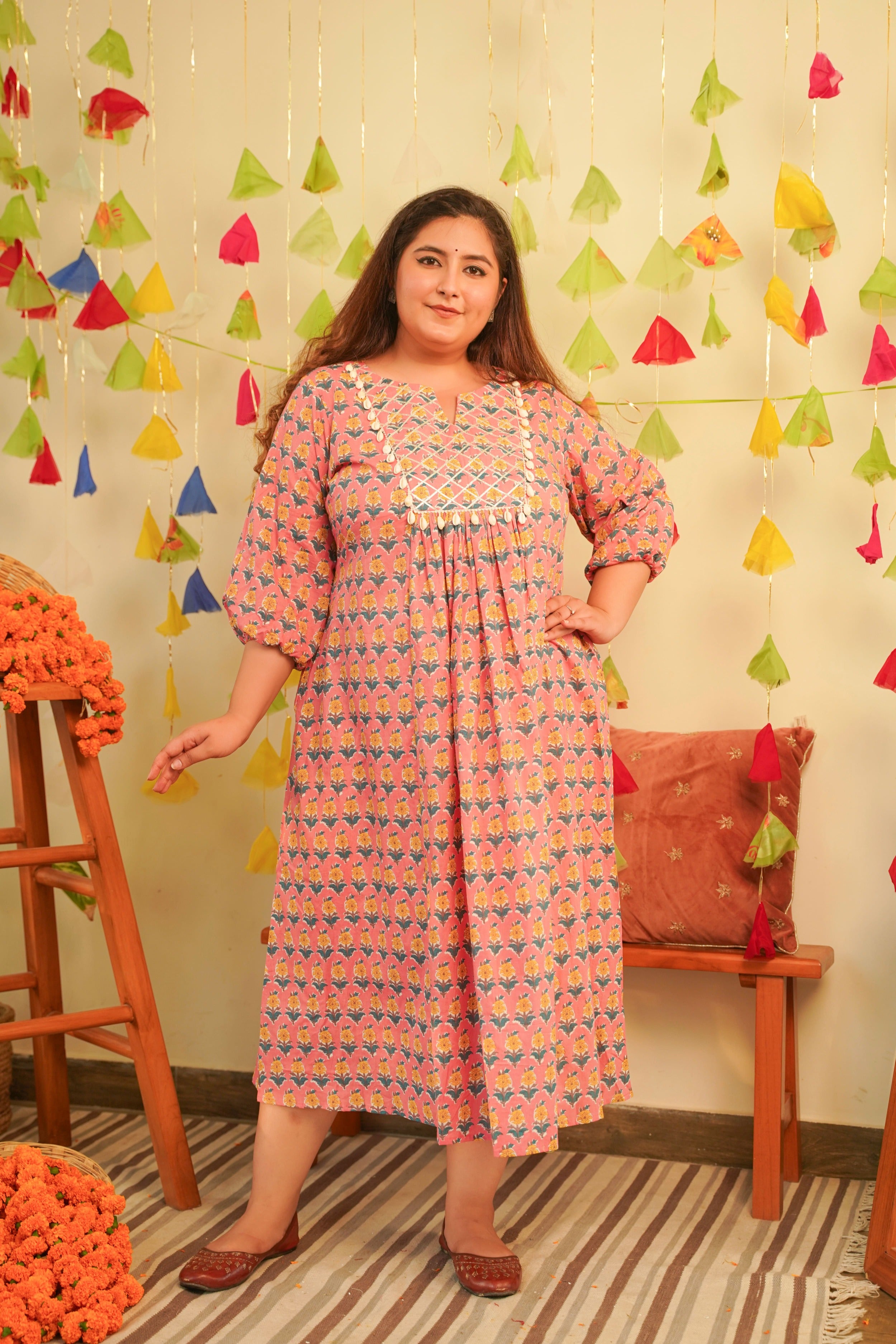Peach Booti Printed Cotton Indo-Western Dress