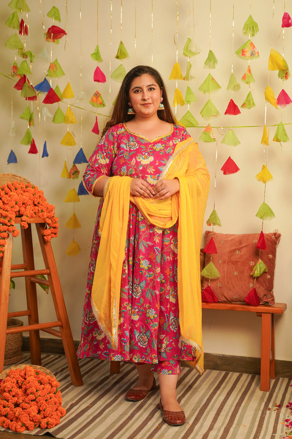 Pink Floral Cotton Anarkali Suit Set ( Set of 3 )
