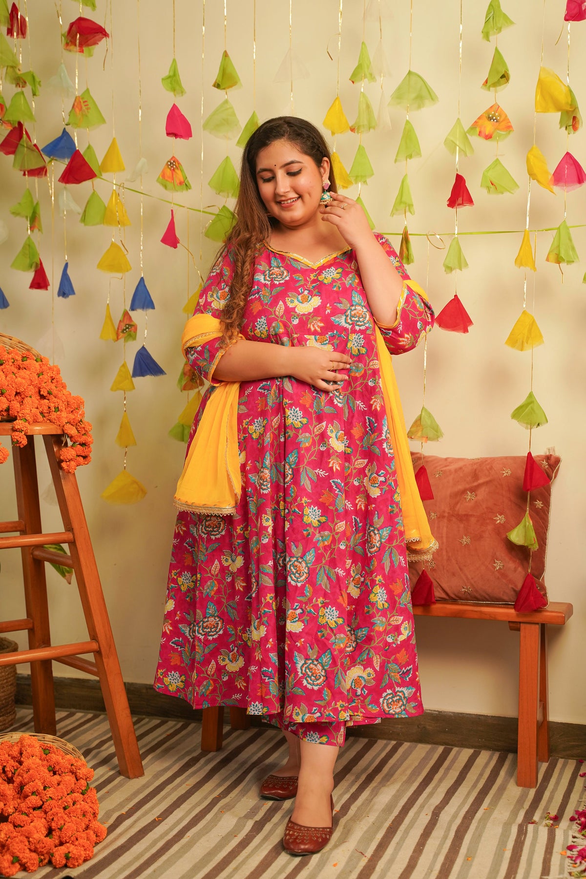 Pink Floral 100% Cotton Anarkali Suit Set - ( Set of 3 )