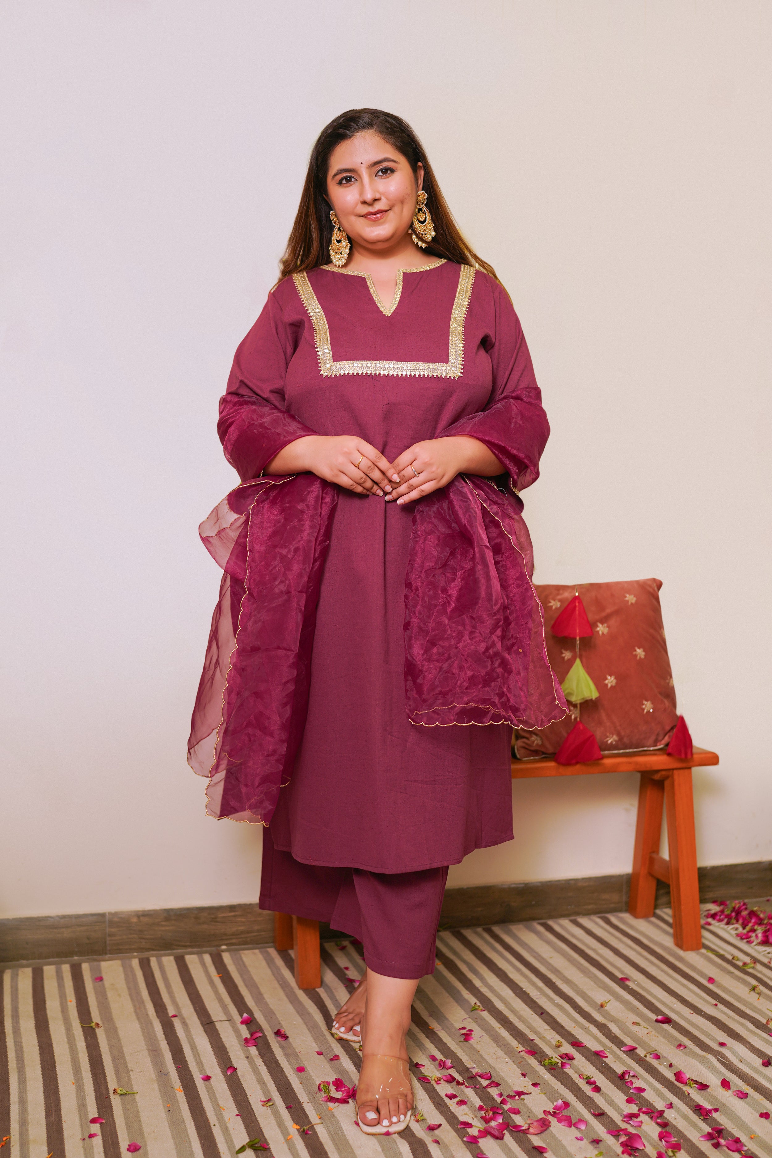 Wine Marori Royal Linen Kurta Set - (Set of 3)