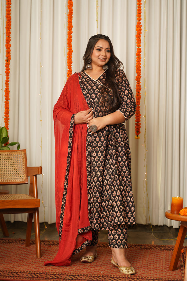 Black Block Print Cotton Angrakha Suit Set - (Set of 3)