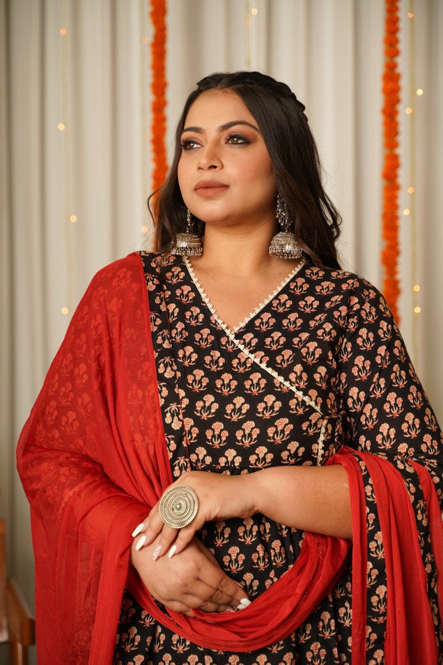 Regular Black Block Print 100% Cotton Angrakha Suit Set - (Set of 3)