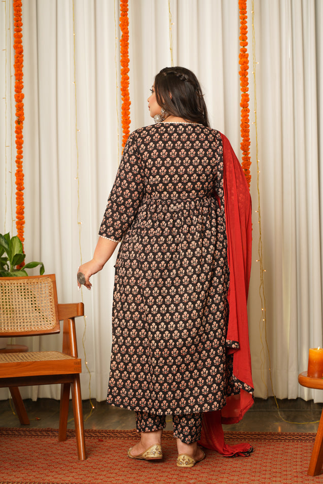 Regular Black Block Print 100% Cotton Angrakha Suit Set - (Set of 3)