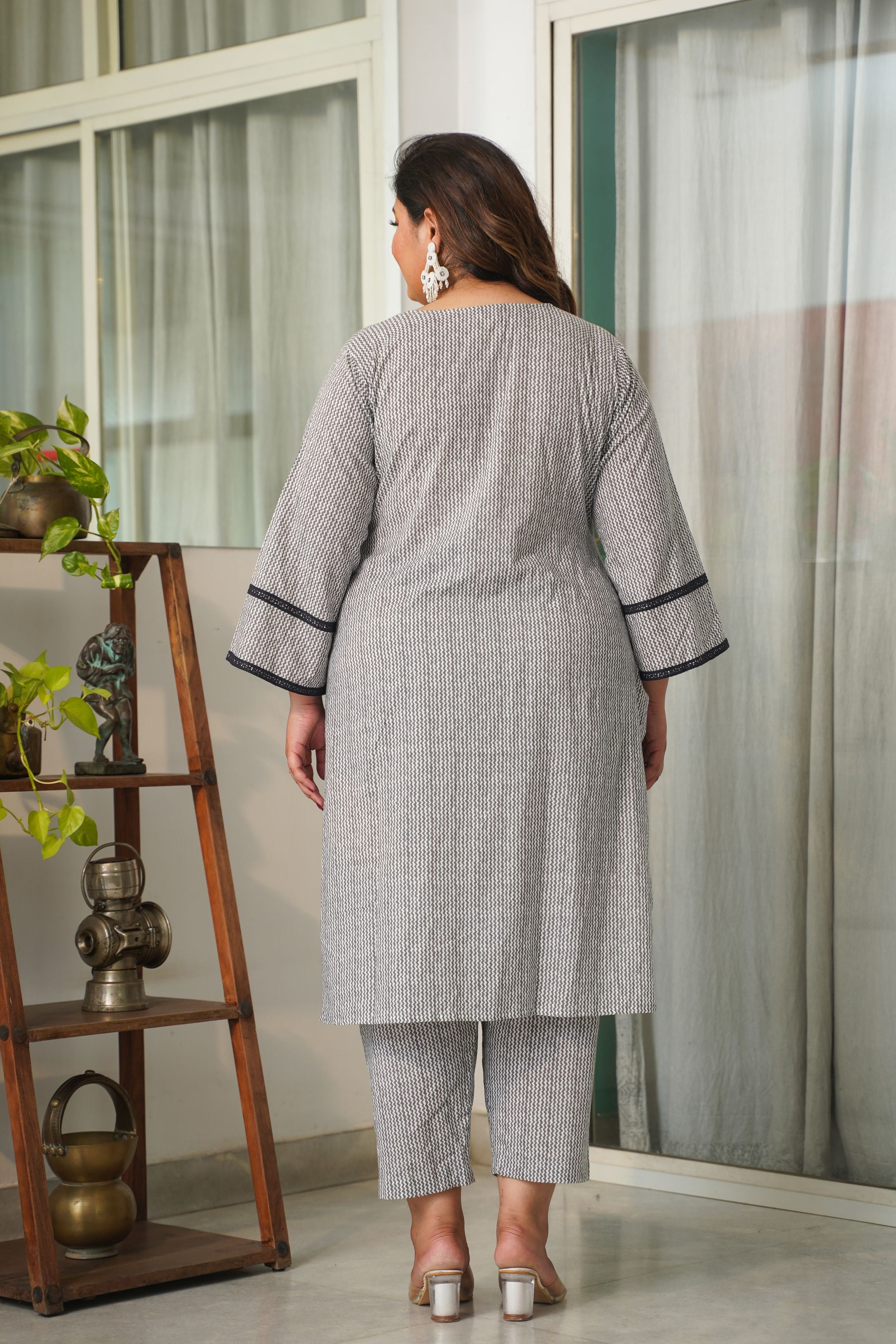 Grey Chevron V-Neck Cotton Co-Ord Set