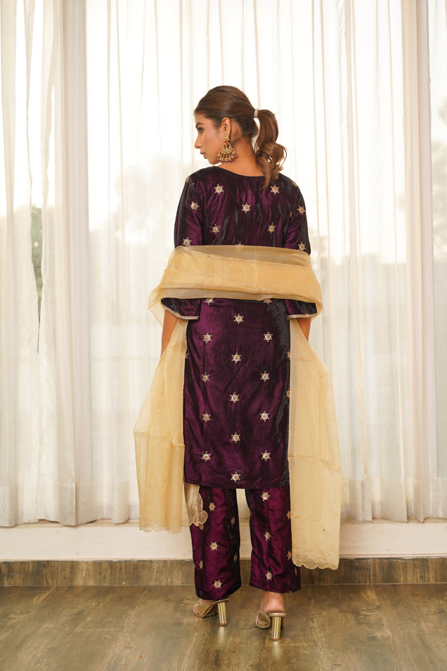 Wine Embroidered Velvet Kurta Suit Set - (Set of 3)