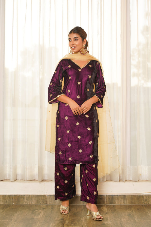 Wine Embroidered Velvet Kurta Suit Set - (Set of 3)
