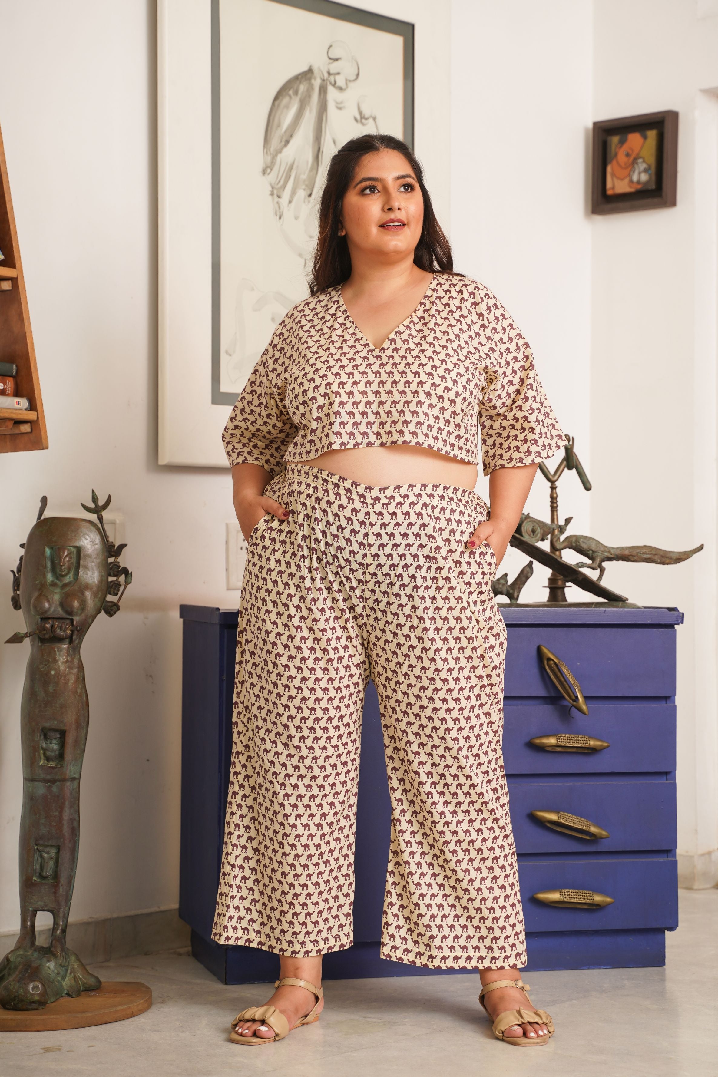 Camel Print Cream Cotton V Neck Co-Ord Set