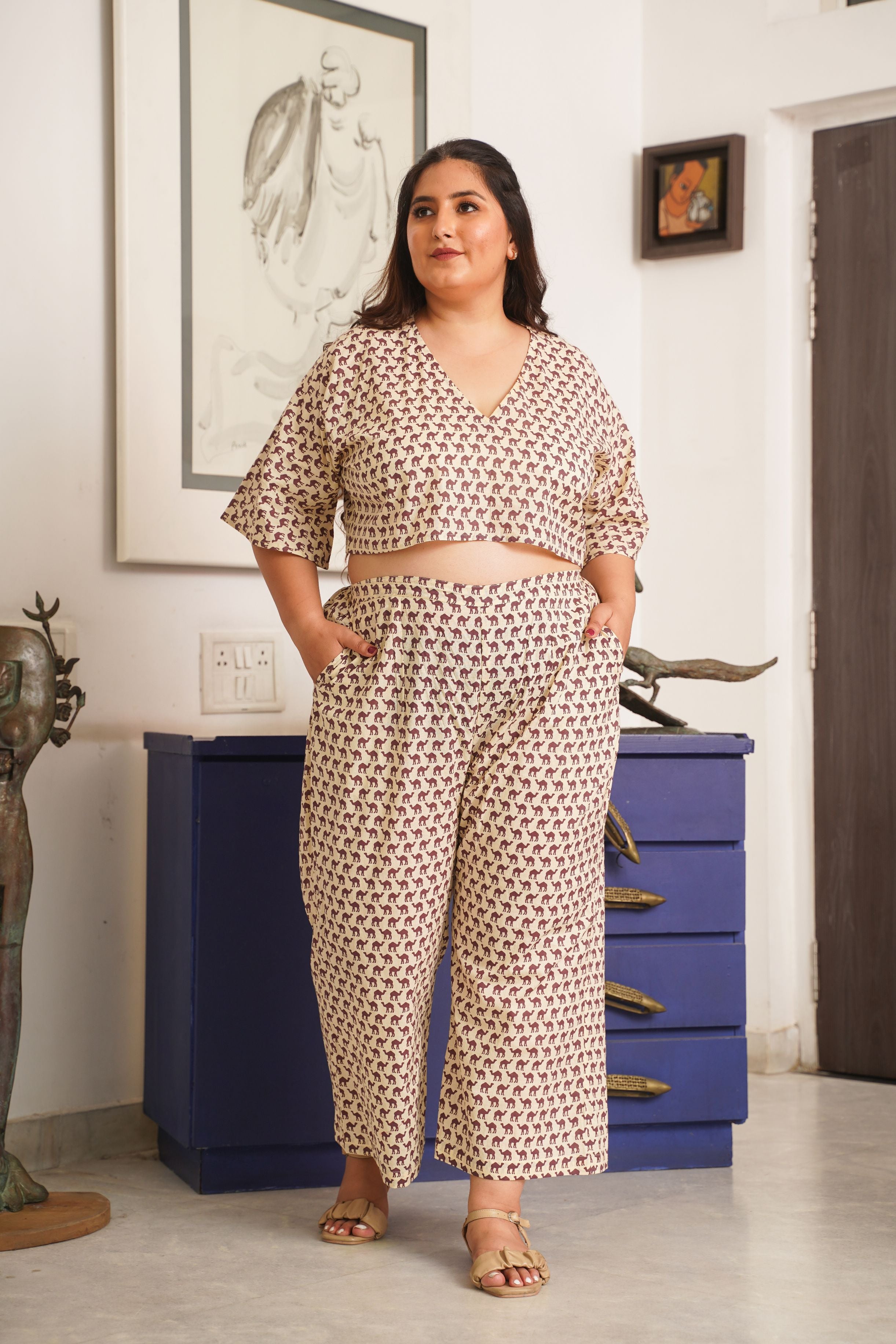 Camel Print Cream Cotton V Neck Co-Ord Set