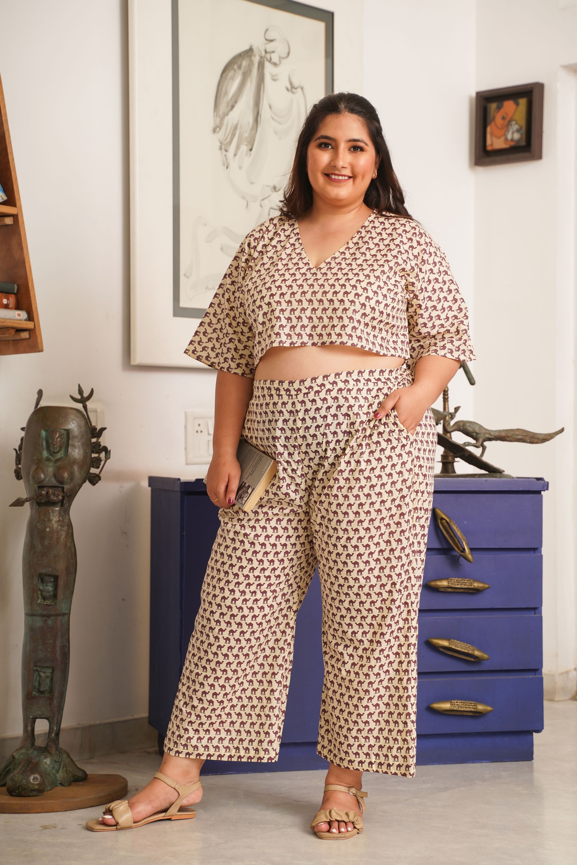 Camel Print Cream Cotton V Neck Co-Ord Set