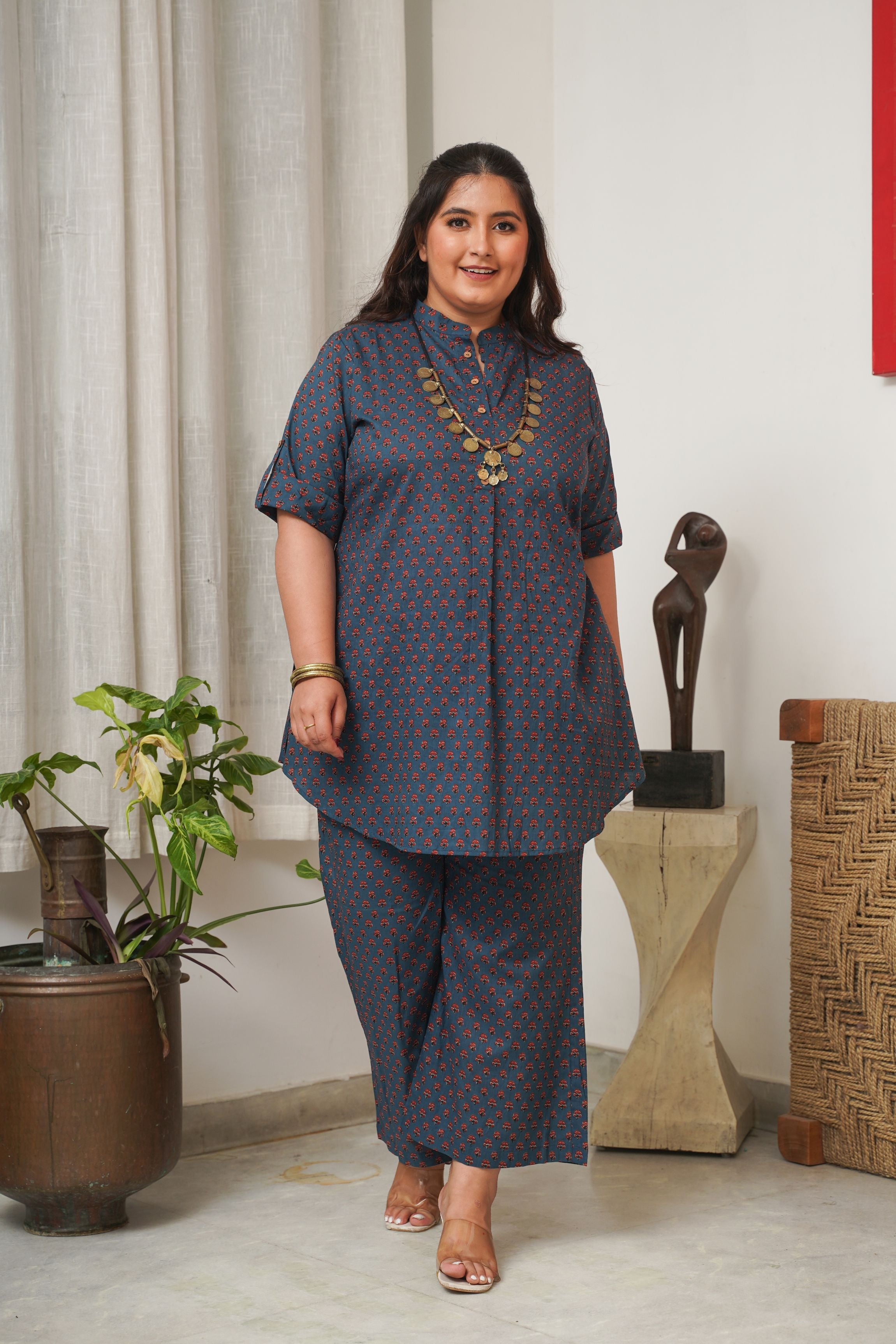 Booti Print Classic Blue Collared Co-Ord Set