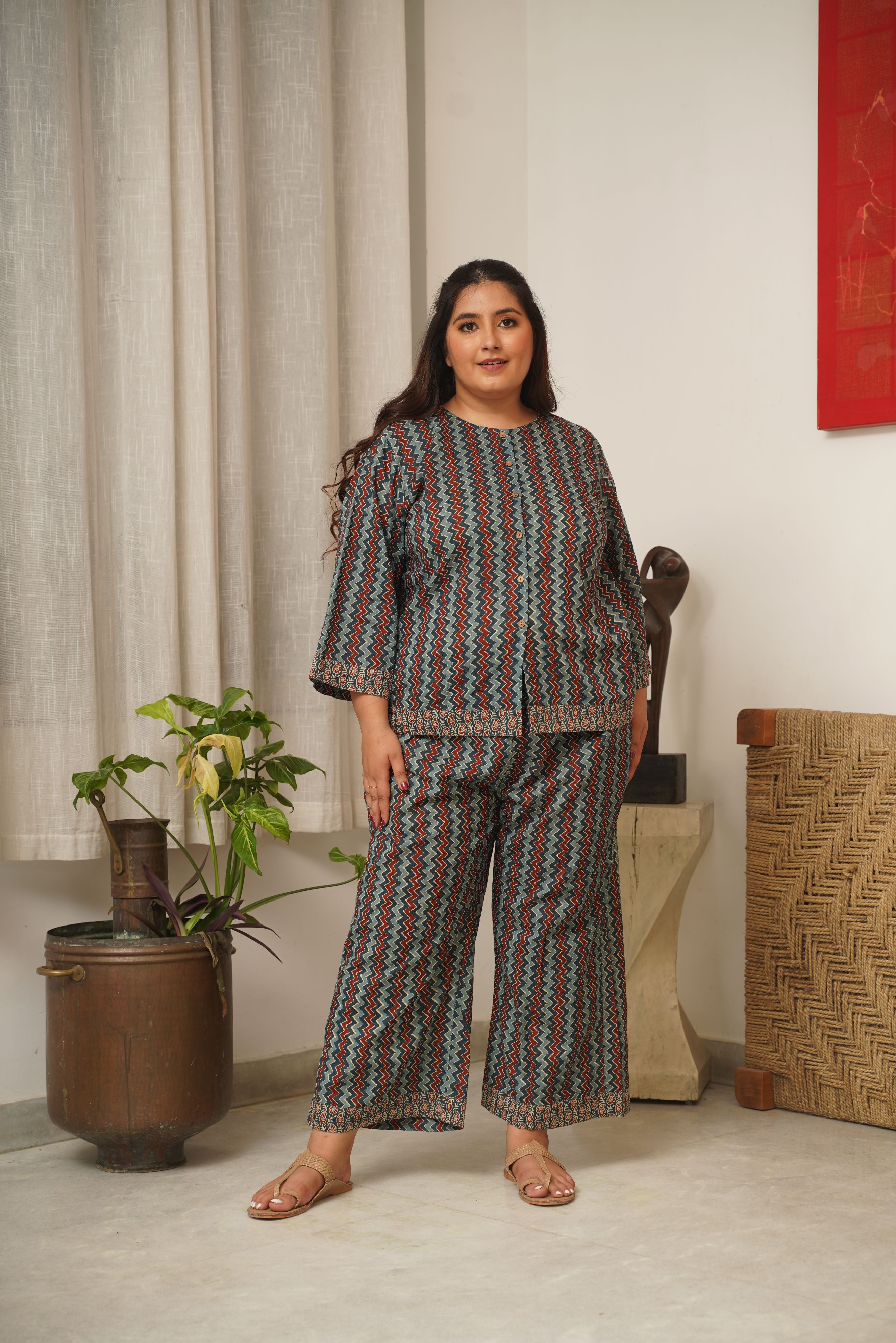 Chevron Blue Bagru Cotton Co-Ord Set