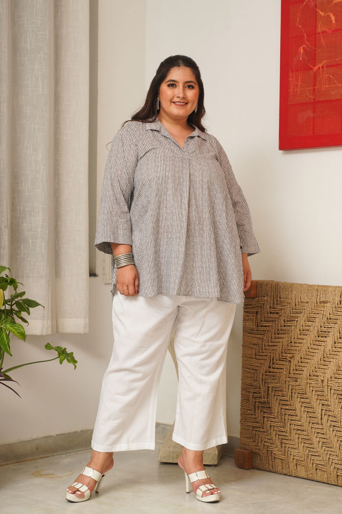 GREY CHEVRON ANTI-FIT TOP AND MID-RISE RELAXED FIT PANTS (SET OF 2)
