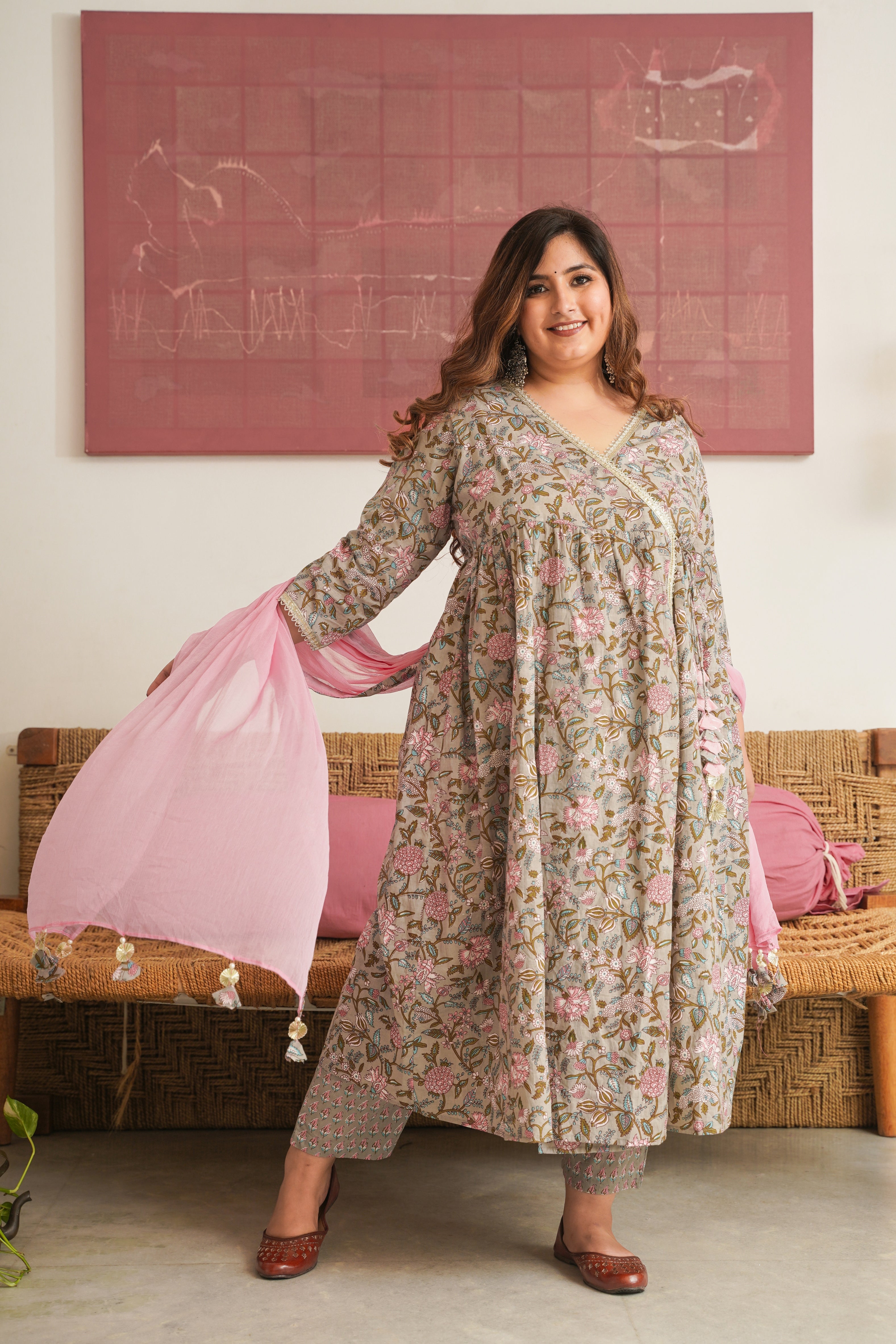 Grey Pink Floral Angrakha Kurta Suit Set - ( Set of 3 )