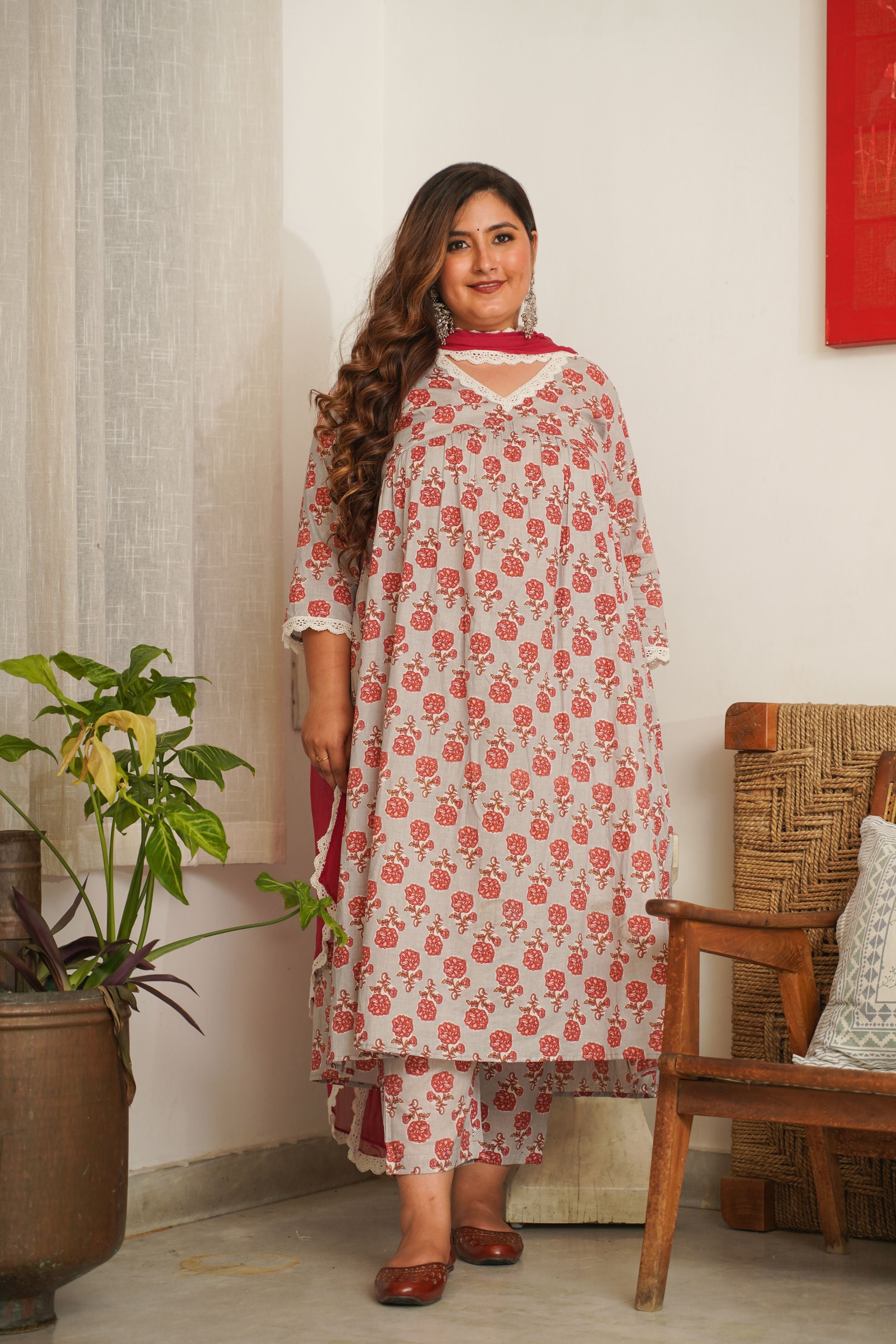 ROSE PRINT ALIA KURTA SUIT SET - ( Set of 3 )