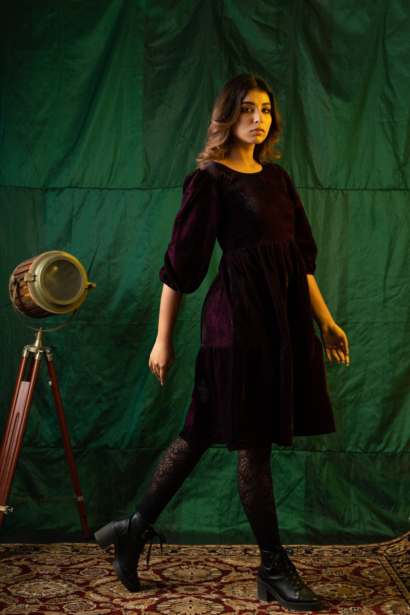 Wine Velvet Tiered Dress