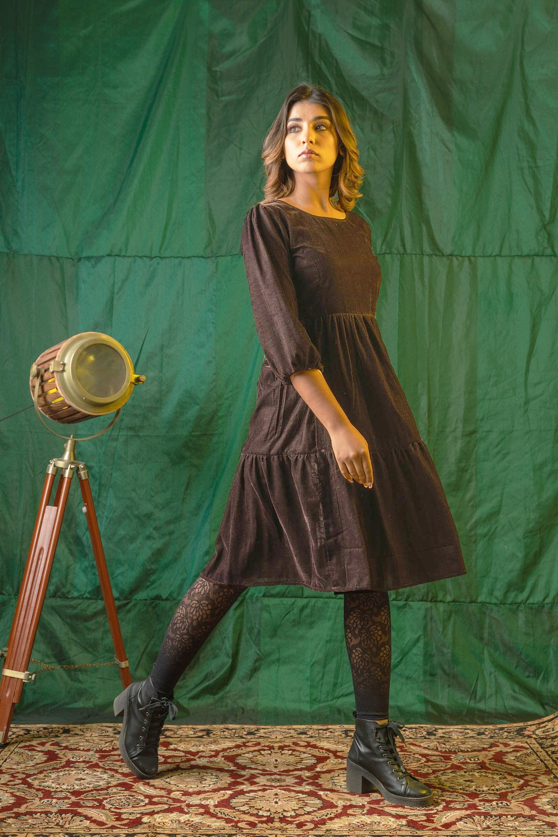 Brown Velvet Tiered Dress