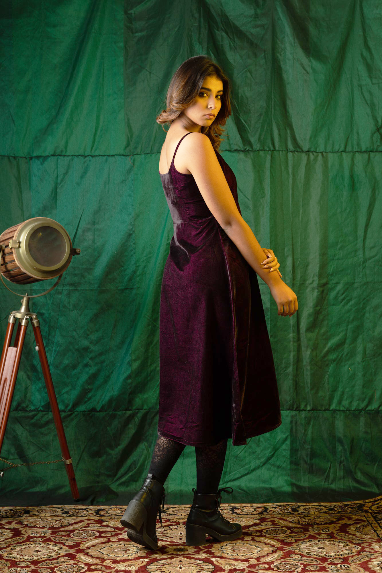 Wine Velvet Strap Dress-Regular Size