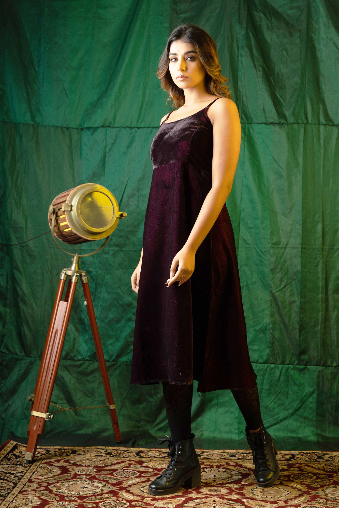 Wine Velvet Strap Dress-Regular Size