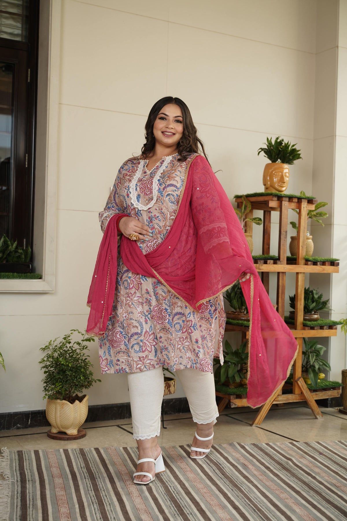 Floral Printed 100% Cotton Kurta Set with Pink Dupatta – Ethnic Wear for Women
