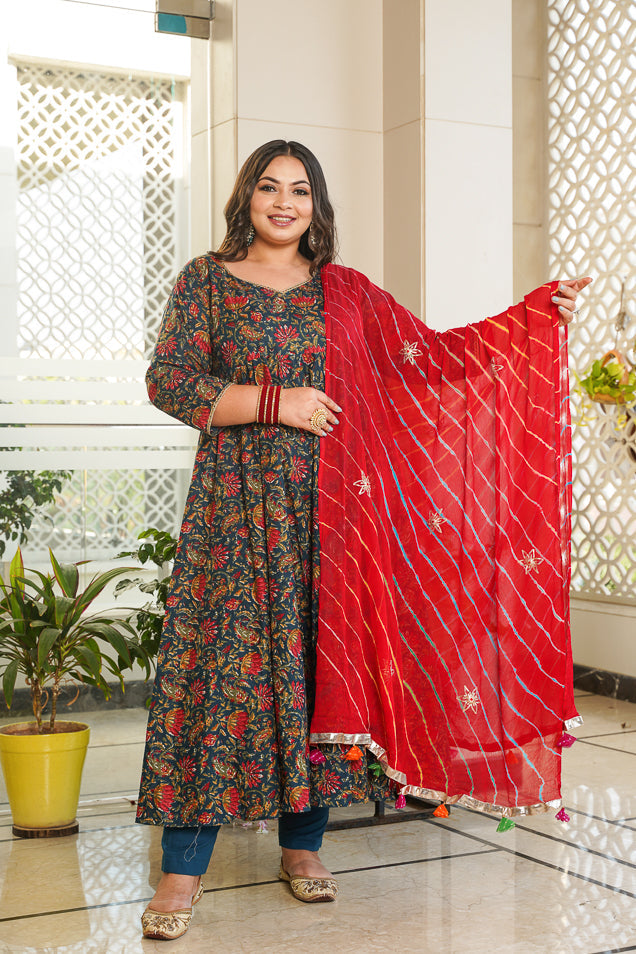 Blue Cotton Floral Print Anarkali Suit Set - ( Set of 3)