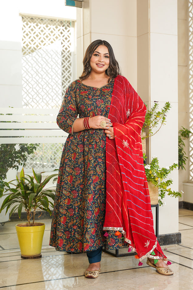 Blue Cotton Floral Print Anarkali Suit Set - ( Set of 3)