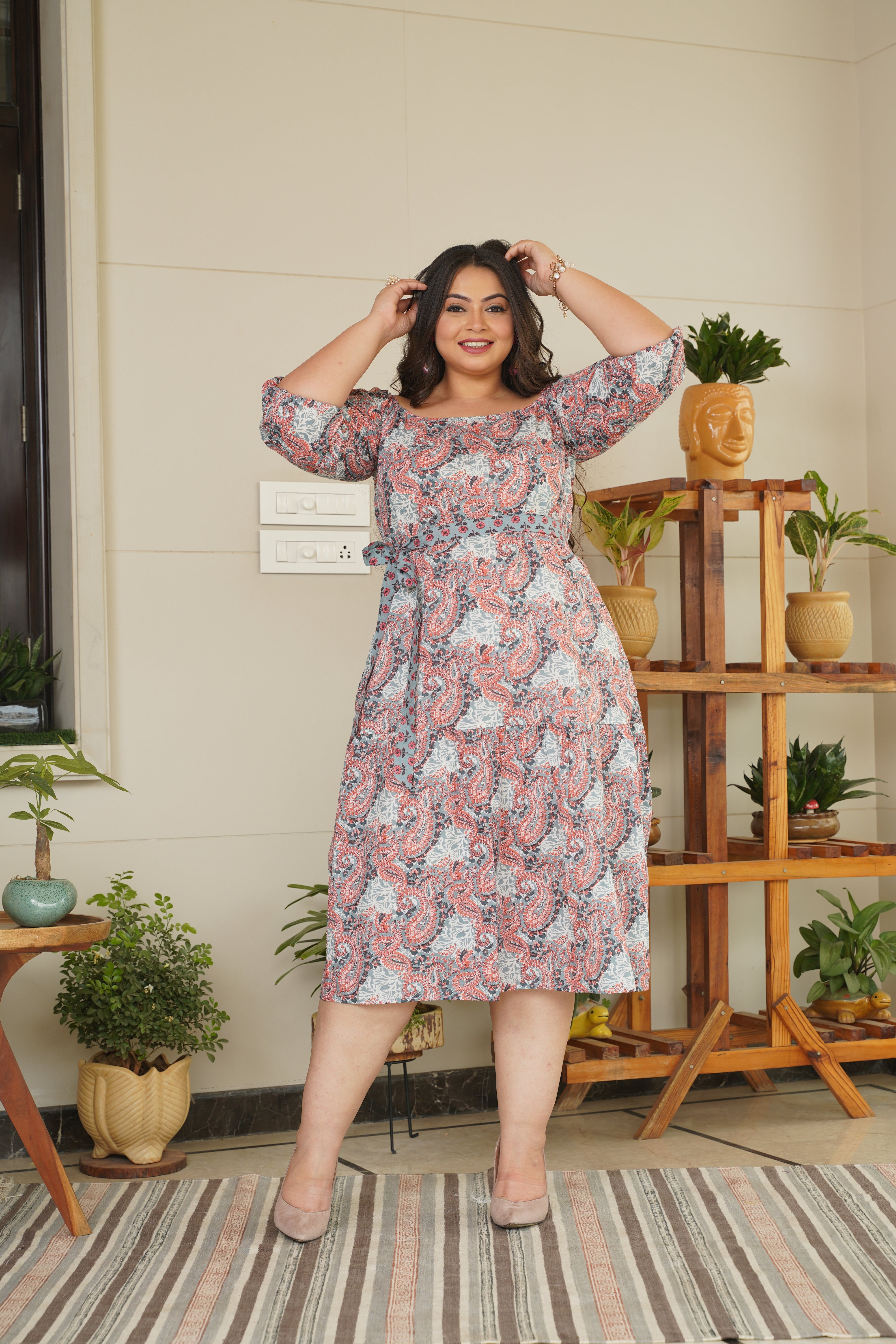 Brown Floral Cotton Midi Dress With Belt