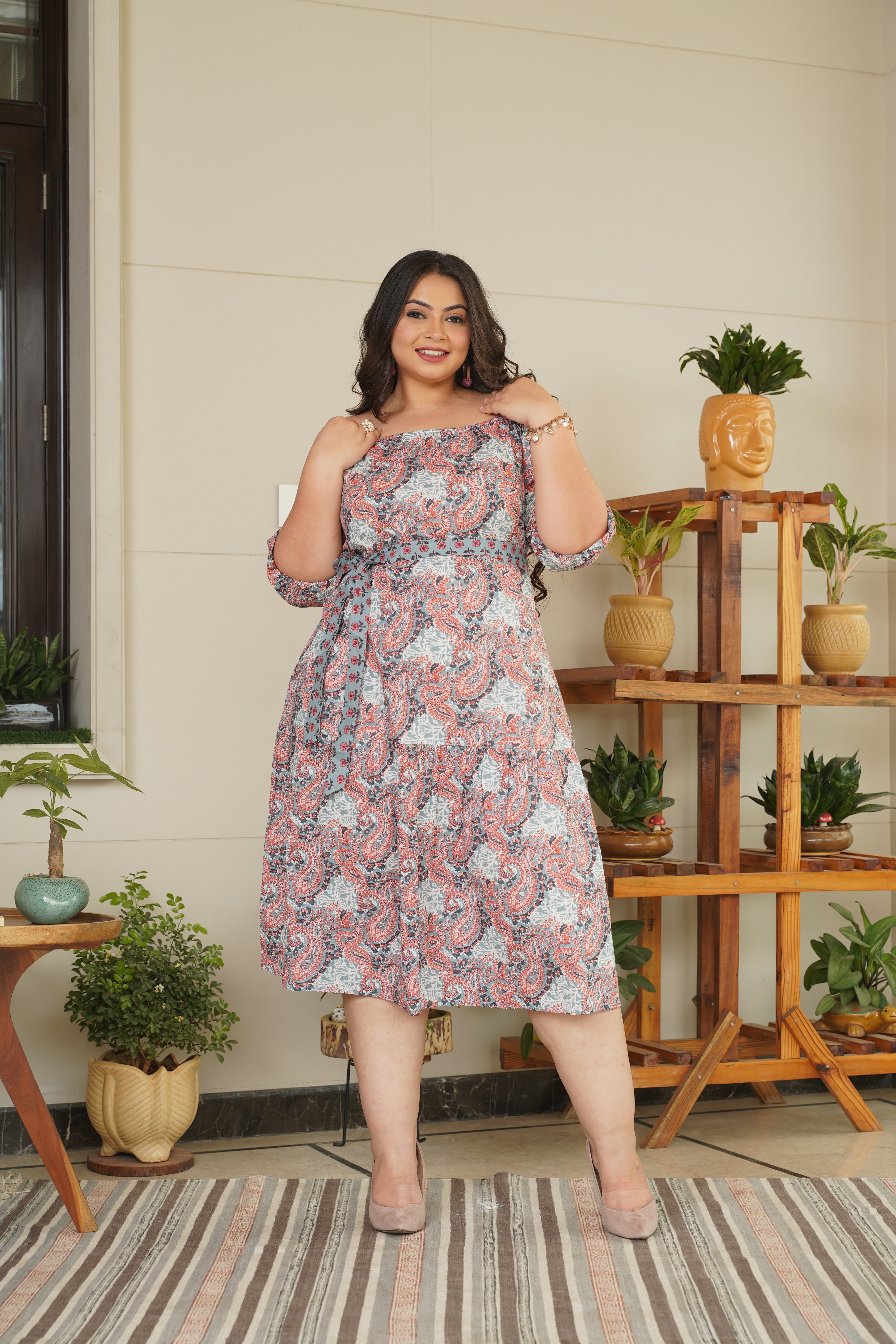 Brown Floral Cotton Midi Dress With Belt