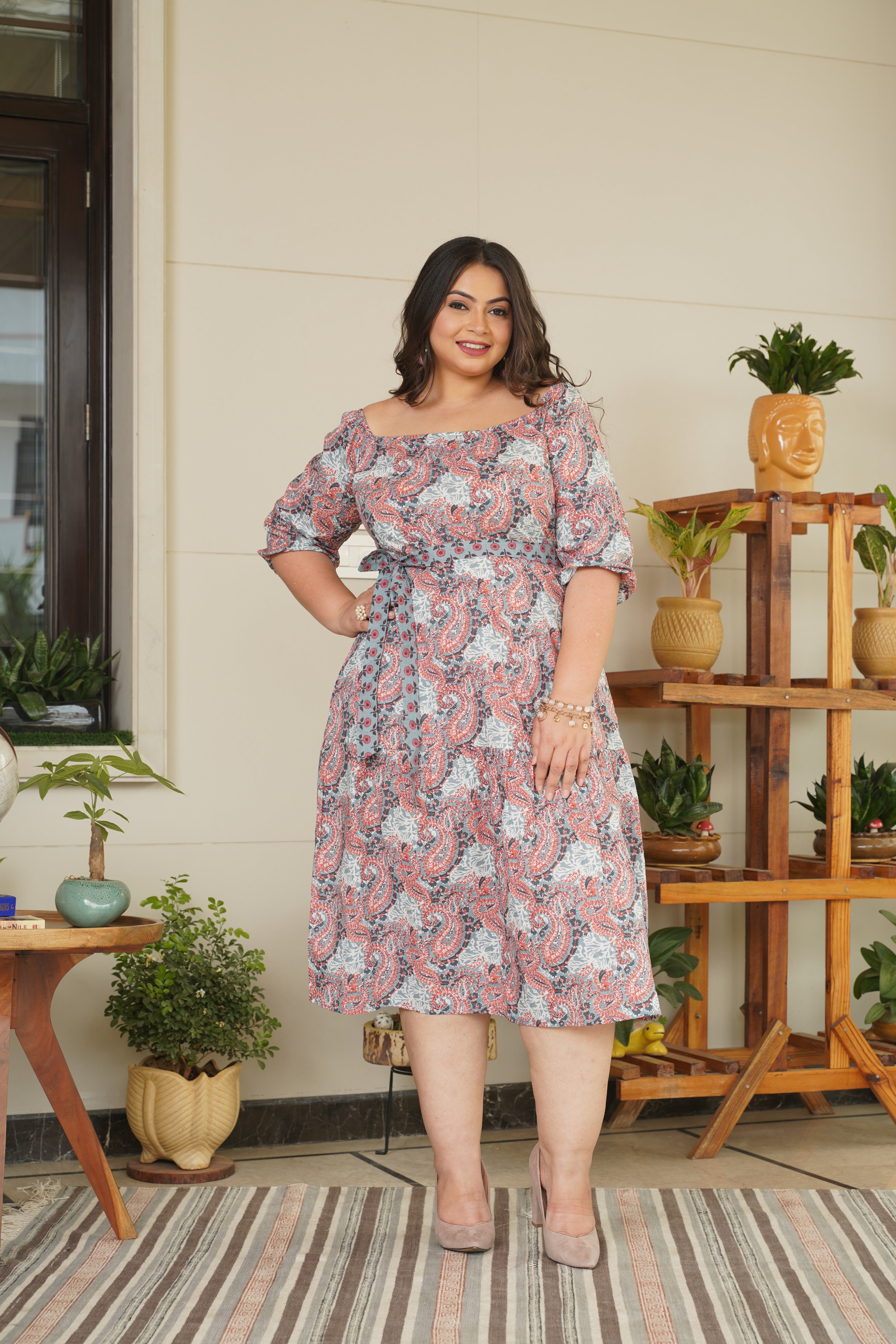 Brown Floral Cotton Midi Dress With Belt