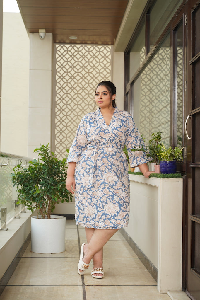 Blue Floral Printed Cotton Kimono Robe