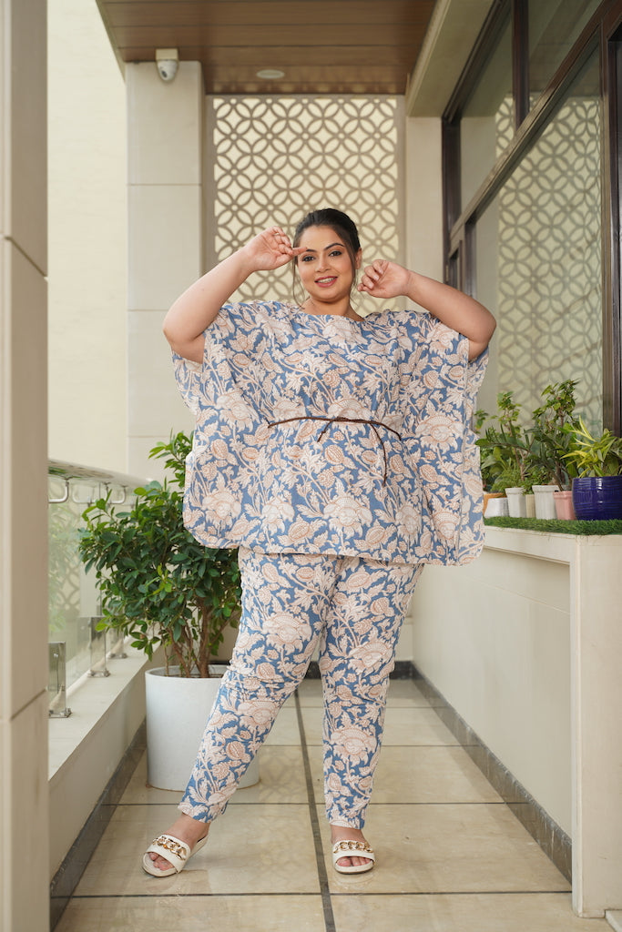 Blue Printed Cotton Kaftan Co-ord Set