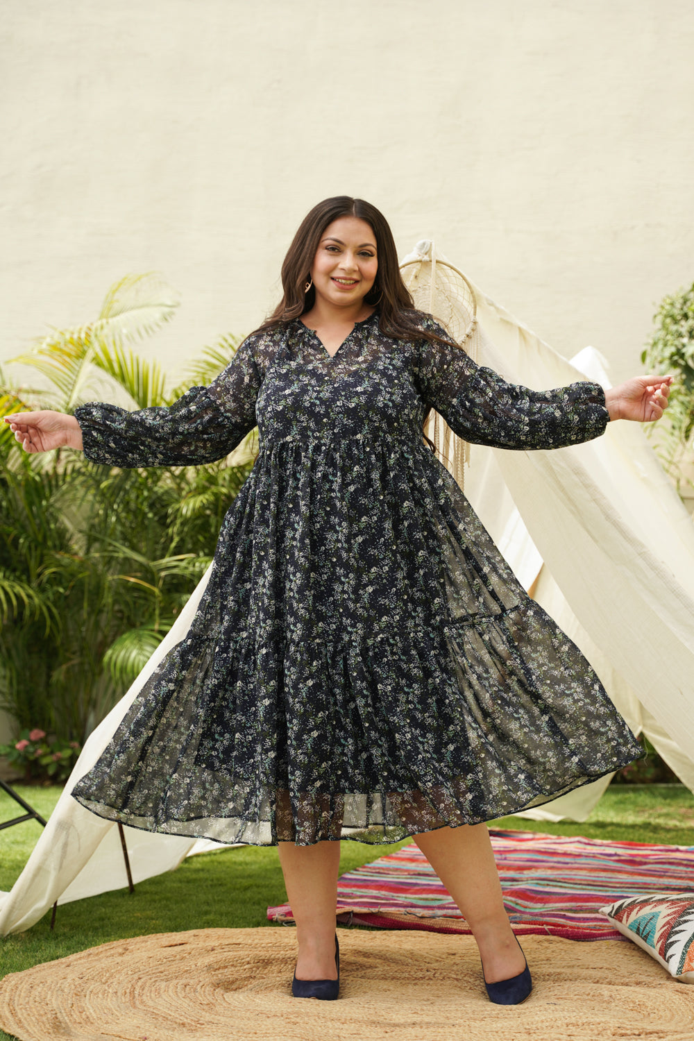 Blue Tiered Georgette Midi Dress