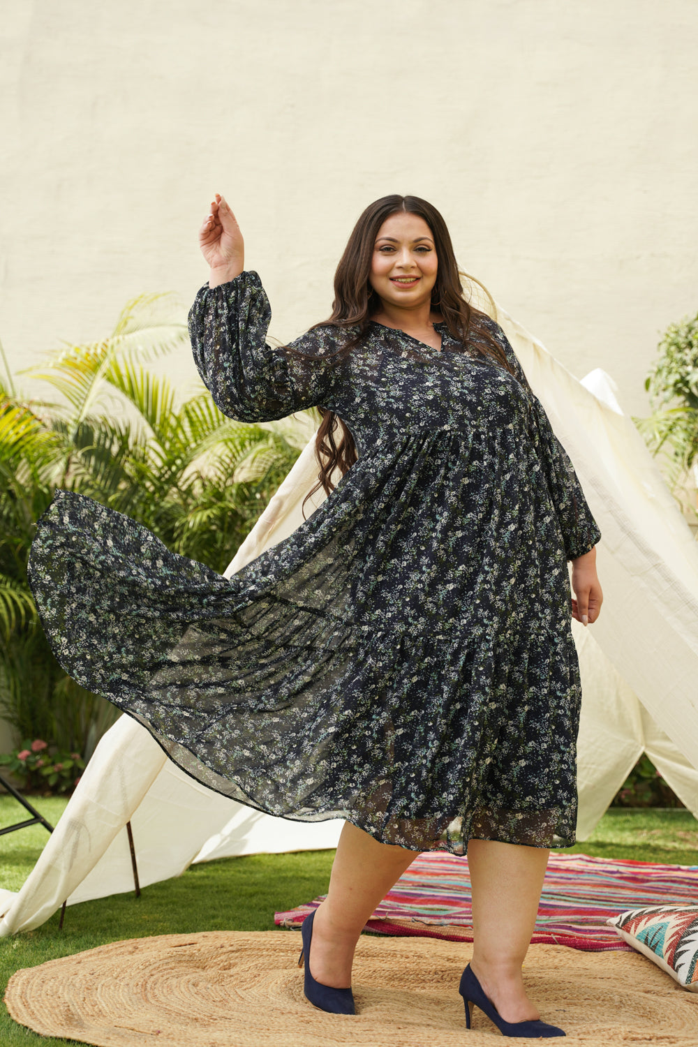 Blue Tiered Georgette Midi Dress