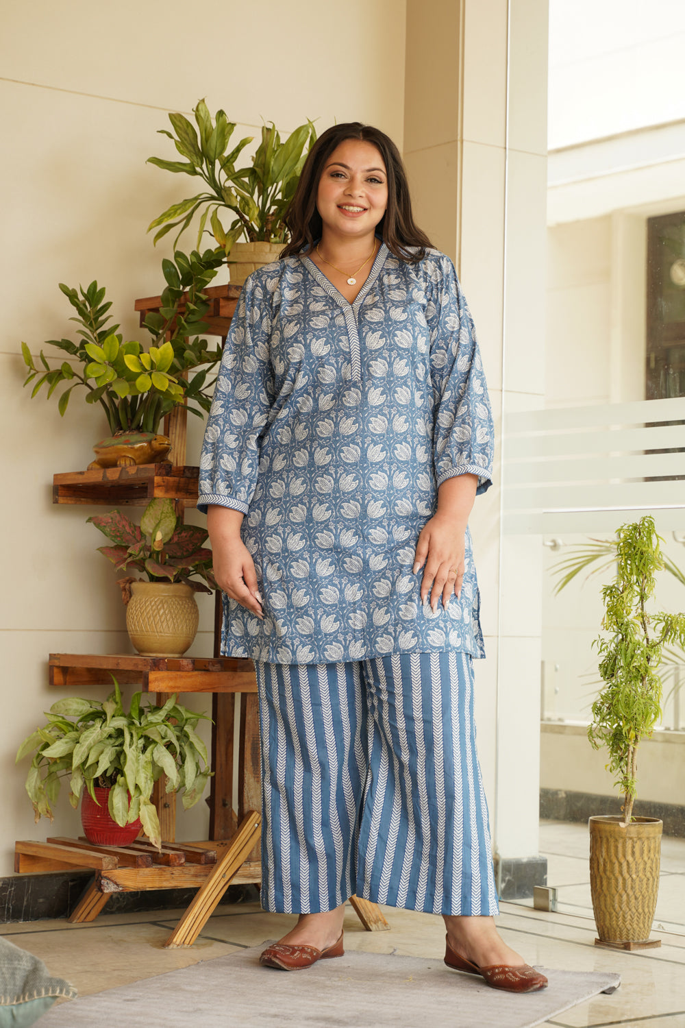 Blue Floral Short Kurta & Striped Palazzo Set - (Set of 2)