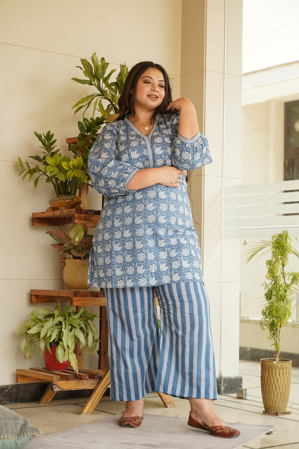 Blue Floral Short Kurta & Striped Palazzo Set - (Set of 2)