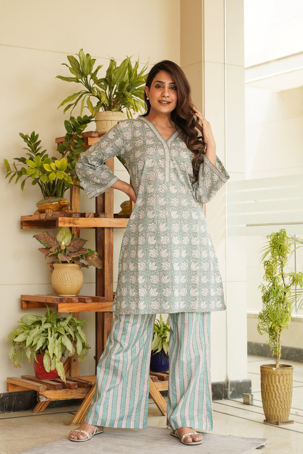 Mint Floral Short V-Neck Kurta & Striped Palazzo Set (Set of 2)