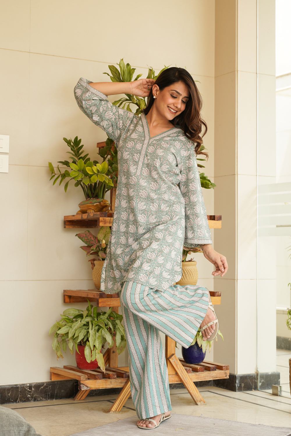 Mint Floral Short V-Neck Kurta & Striped Palazzo Set (Set of 2)