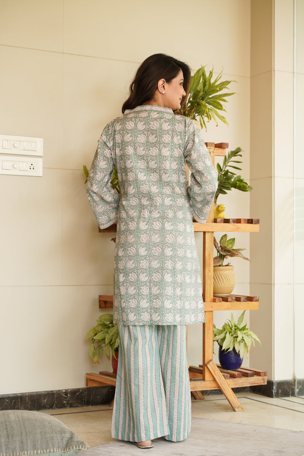 Mint Floral Short V-Neck Kurta & Striped Palazzo Set (Set of 2)