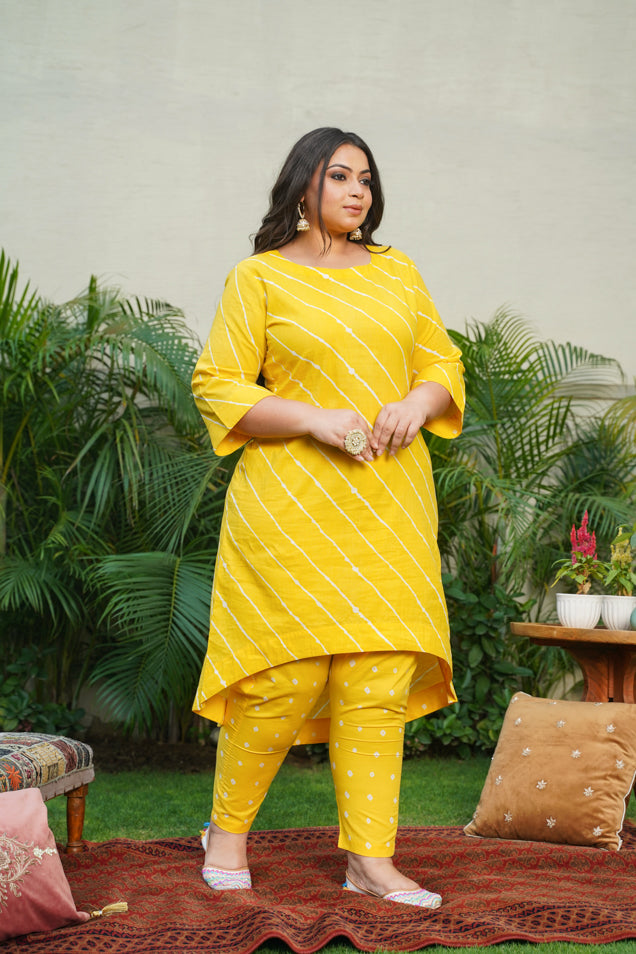Girls Yellow Leheriya Peplum Muslin Kurta with sharara