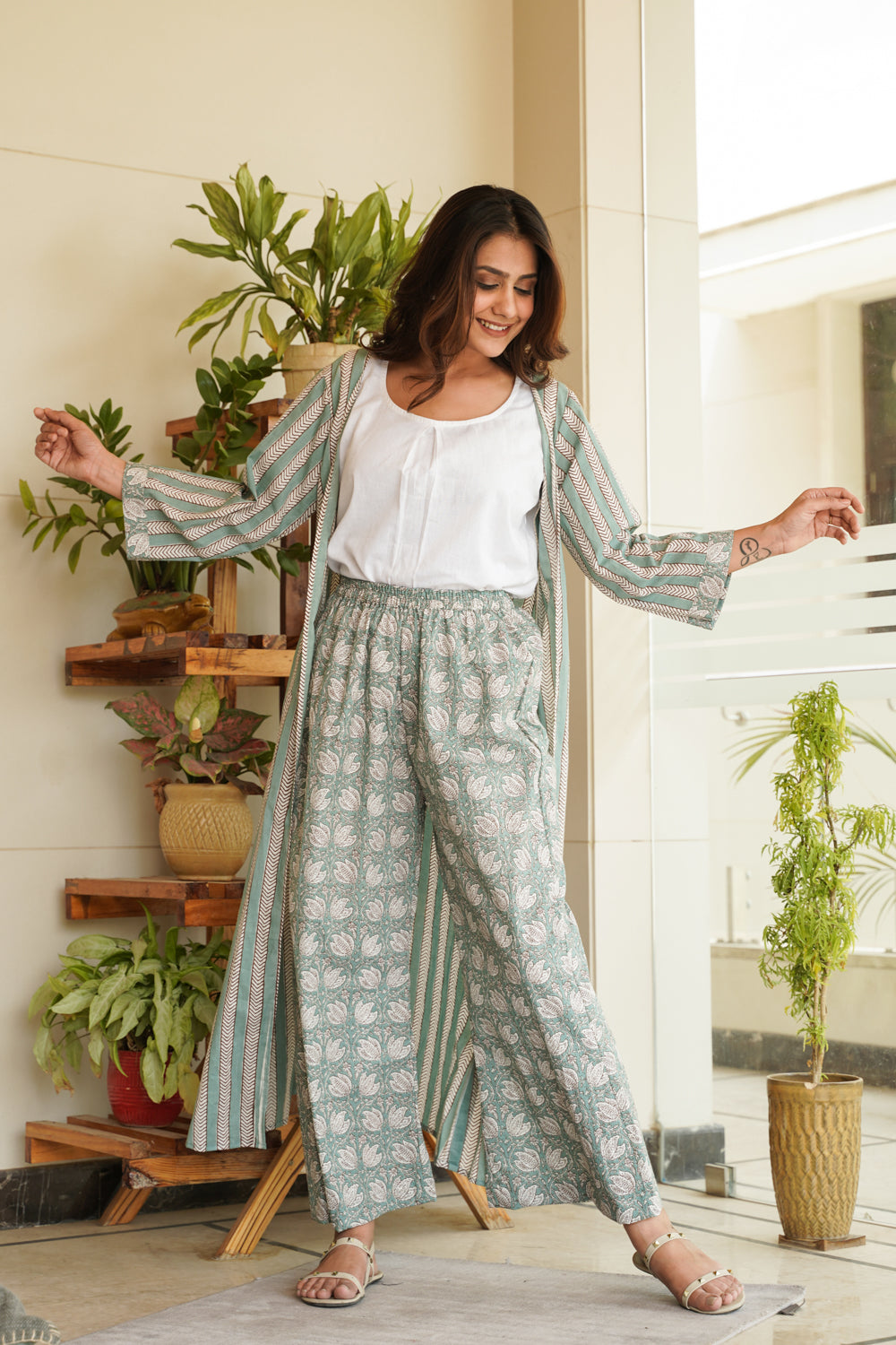 Mint Cotton Shrug Palazzo Set - Set of 2