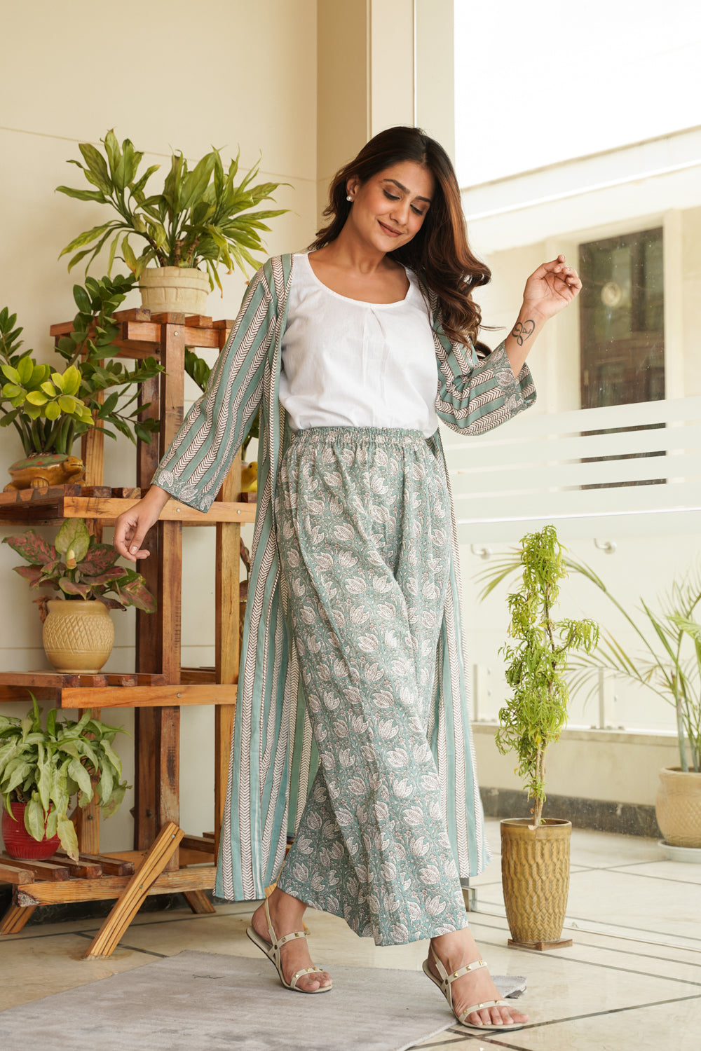 Mint Cotton Shrug Palazzo Set - Set of 2