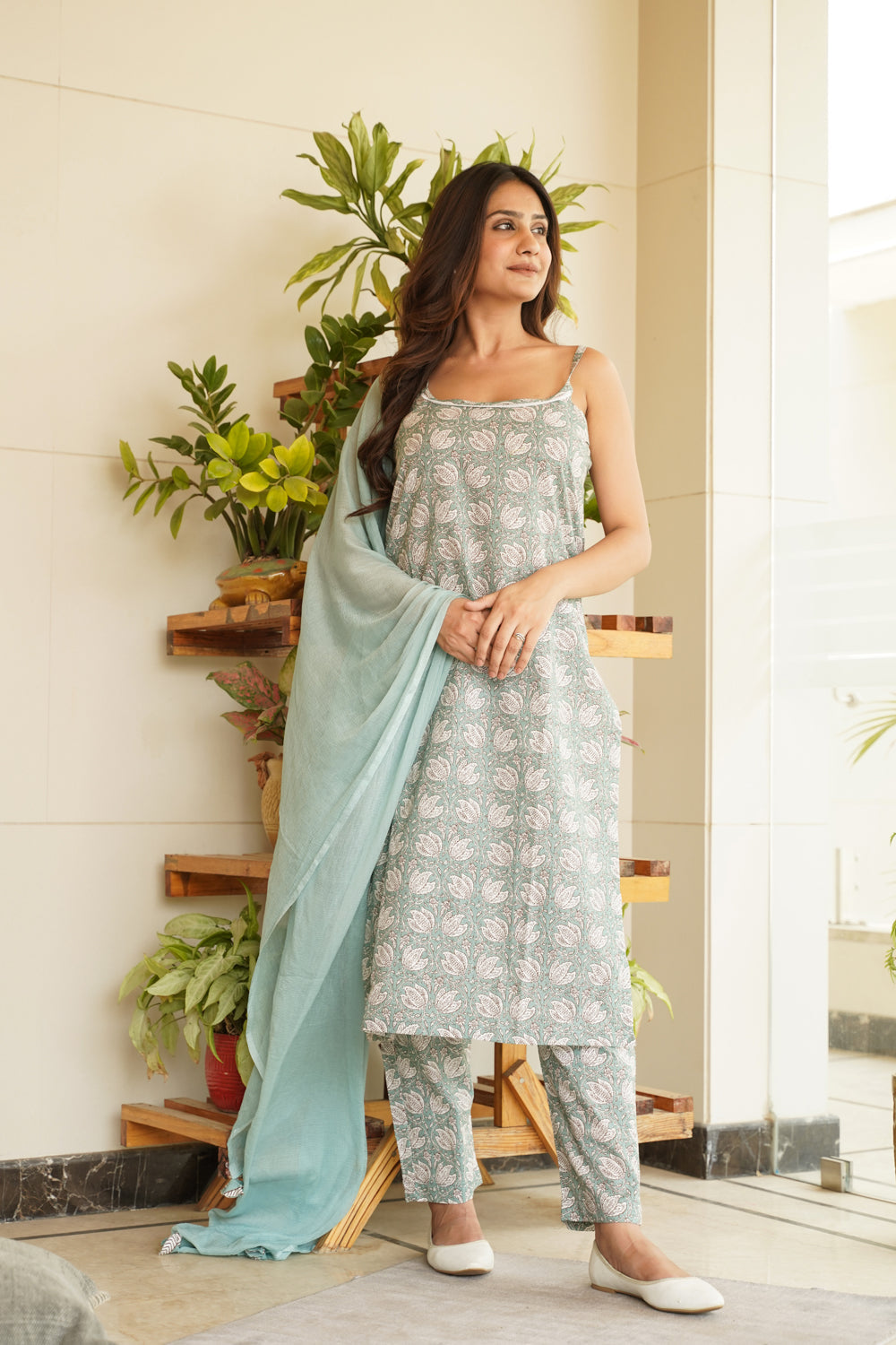 Mint green Floral Strap Cotton Kurta Suit Set (Set of 3)